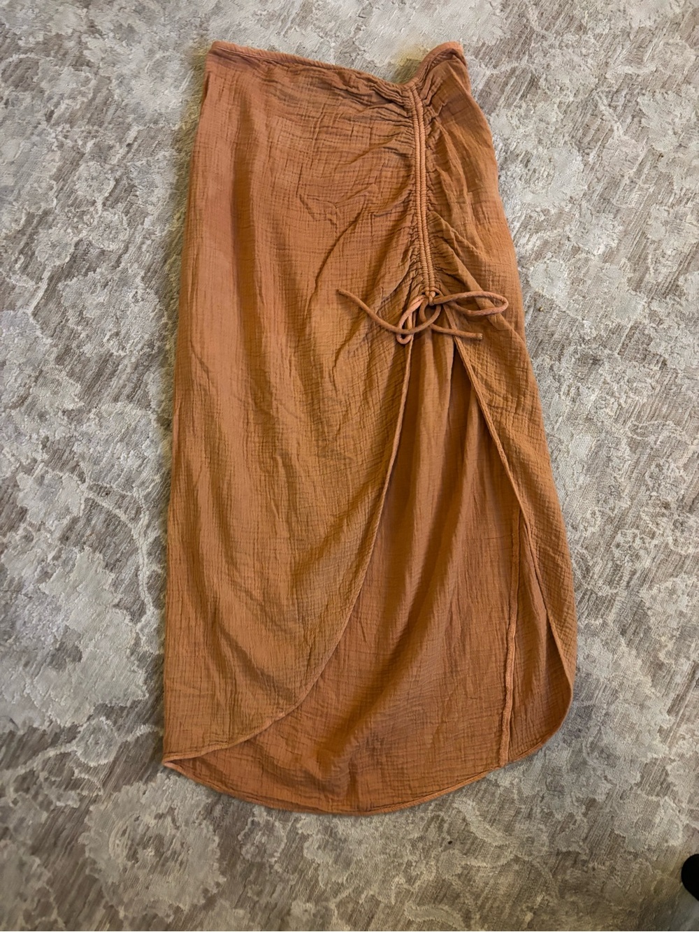 Free People Burnt Orange Textured Midi Skirt with Drawstring Detail - Picture 3 of 6